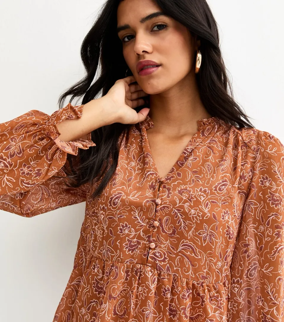 Women's Brown Paisley Chiffon Buttoned Peplum Blouse