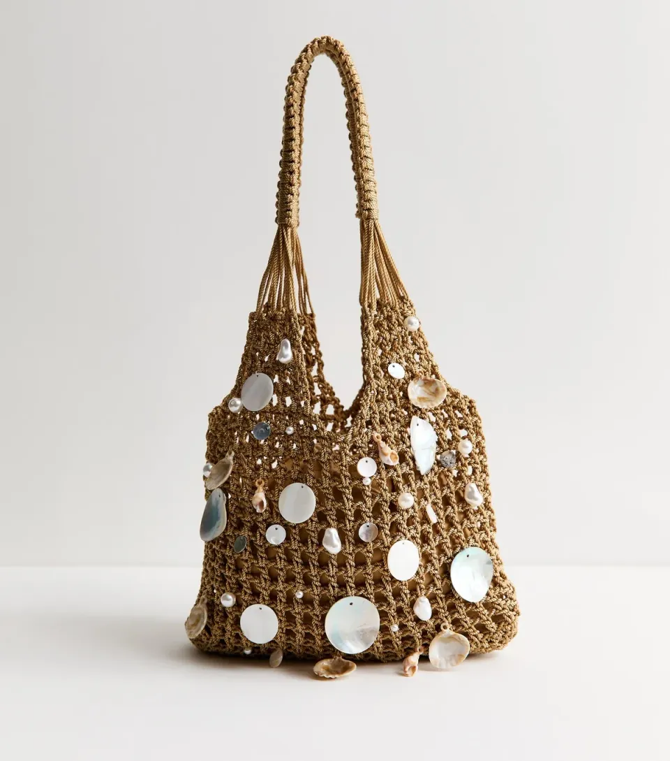 Stone Woven Shell Embellished Grab Bag