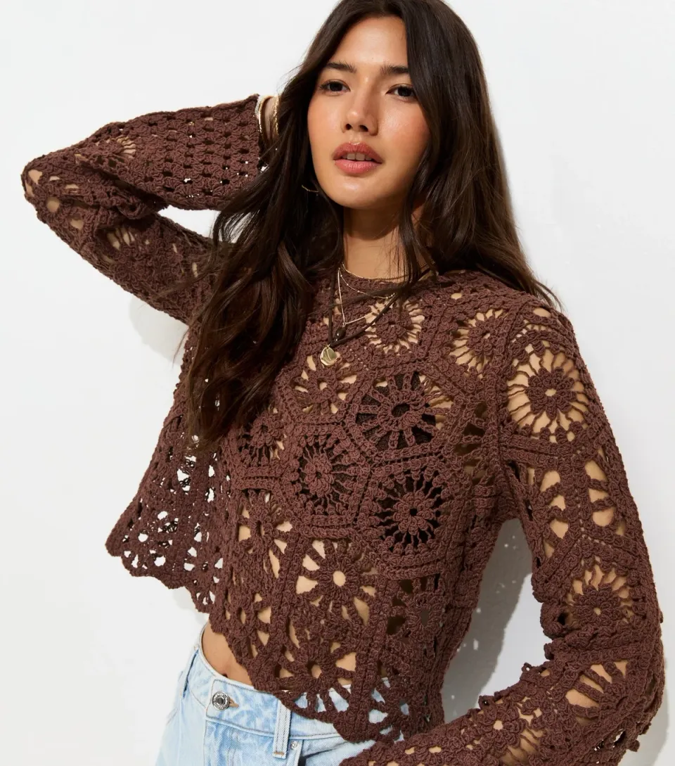 Women's Dark Brown Crochet Knit Semi Sheer Long Sleeve Top