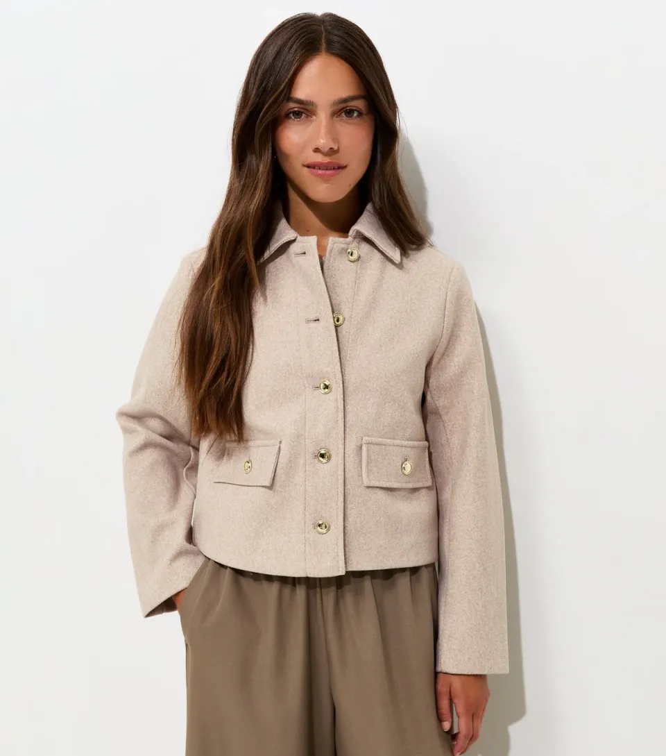 Women's Petite Oatmeal Henley Button Shacket