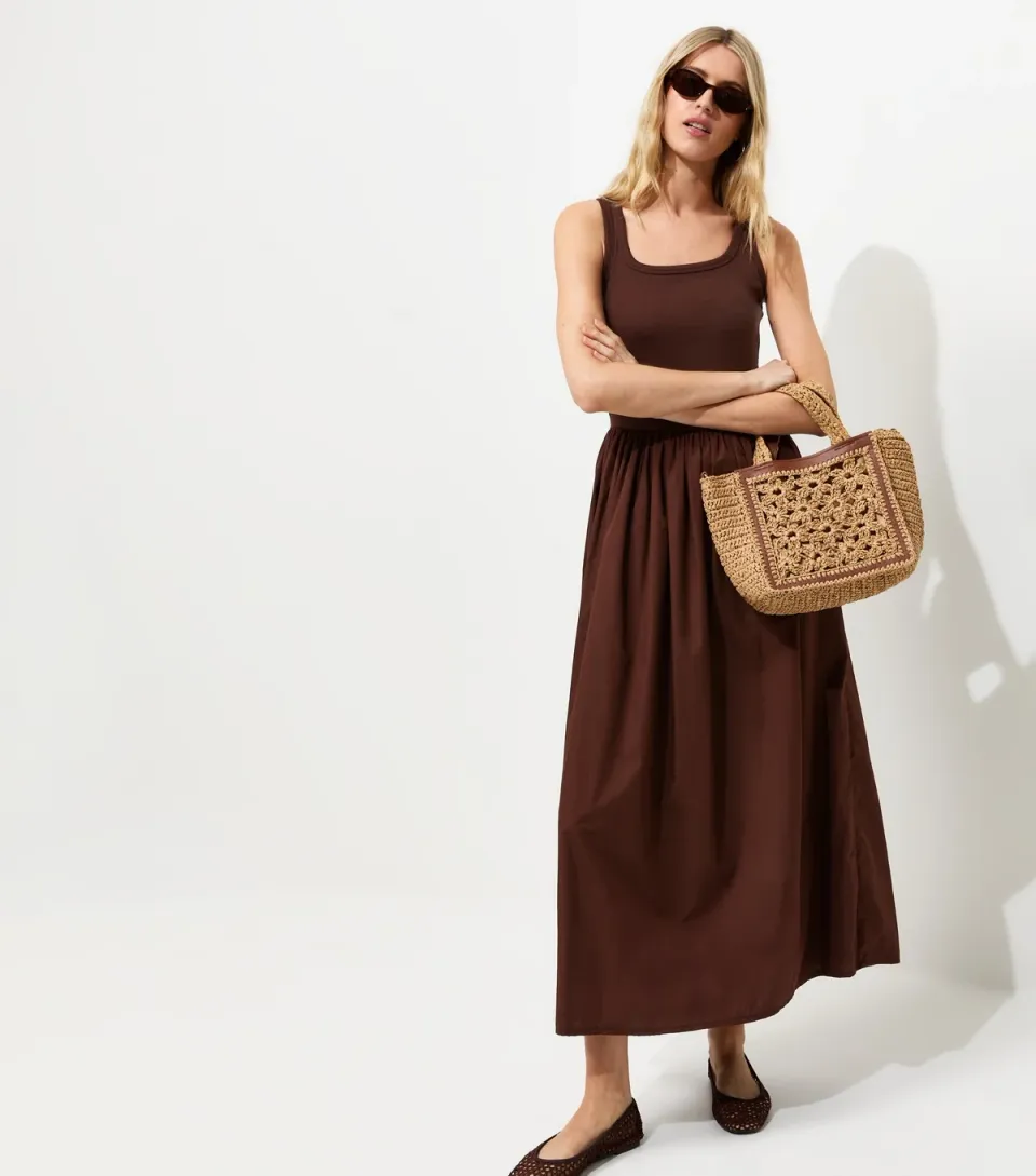 Women's Tall Dark Brown Cotton 2 In 1 Poplin Midi Dress