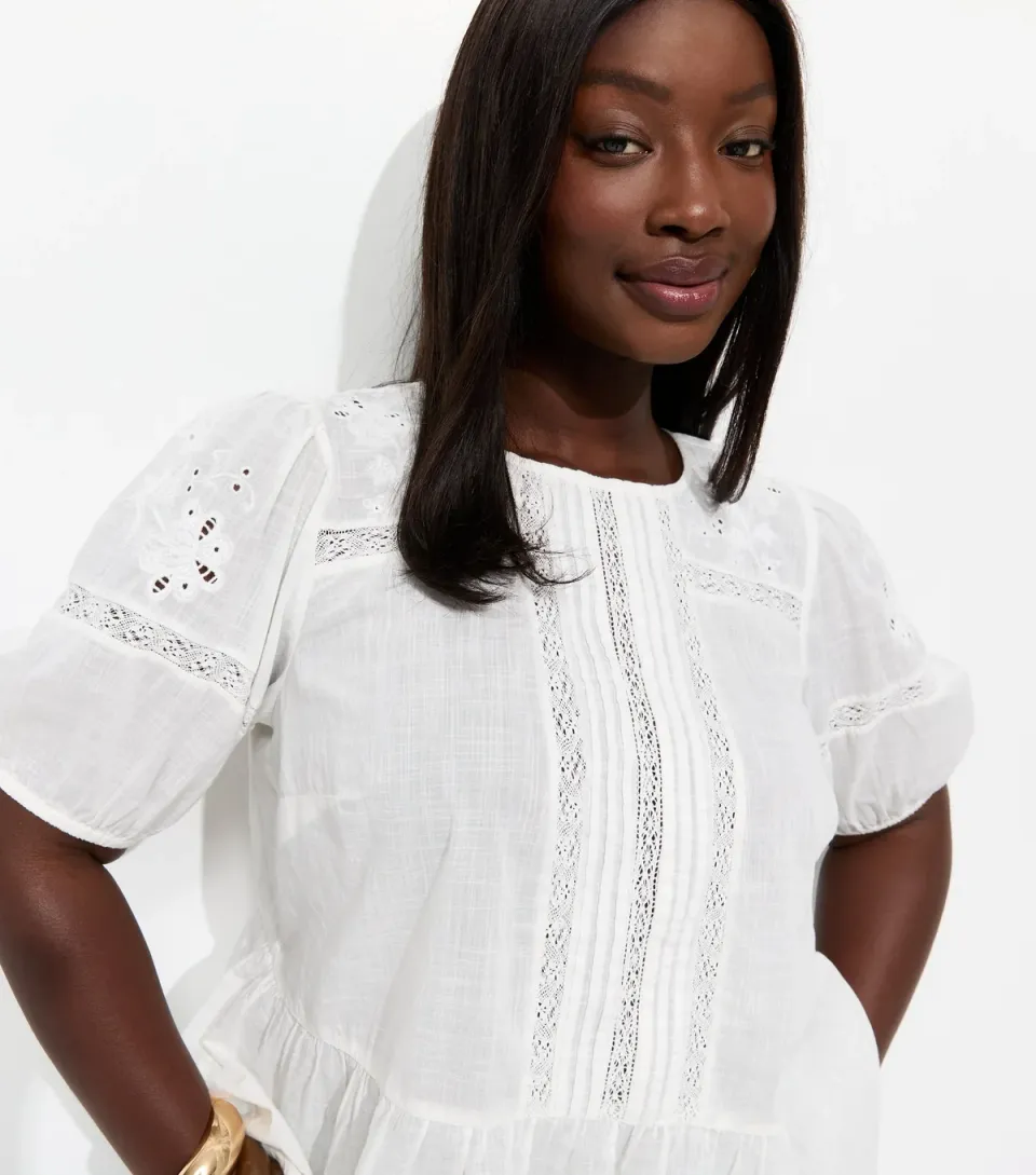 Women's Plus Size White Cotton Lace Trim Blouse Curves