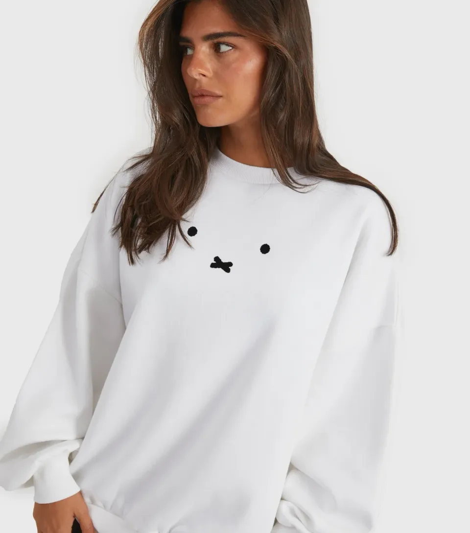Women's White Miffy Face Oversized Sweatshirt