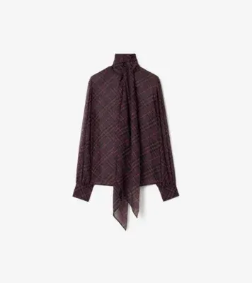 Check Silk Scarf Blouse in Wine red