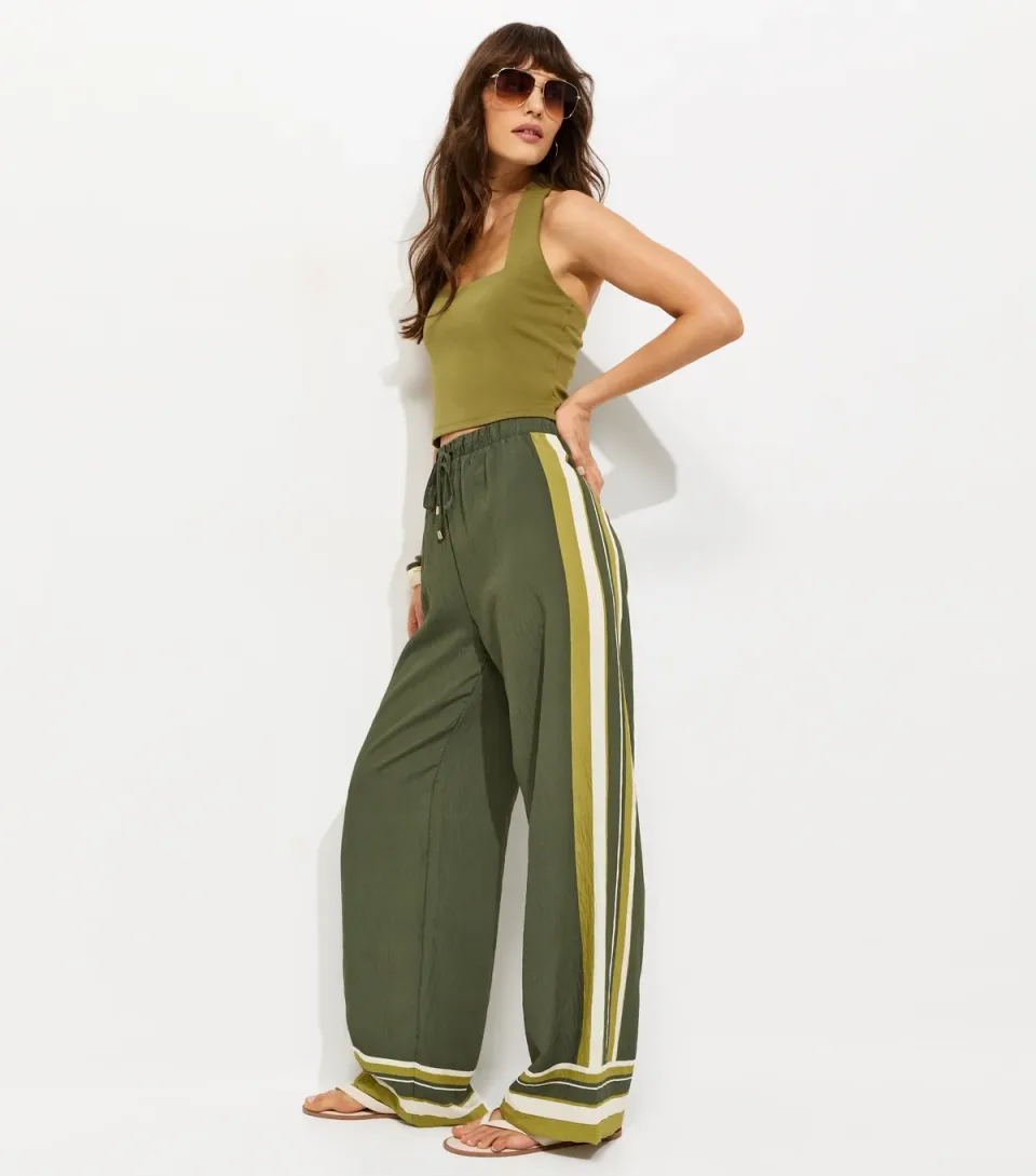 Women's Tall Green Striped Wide Leg Trousers