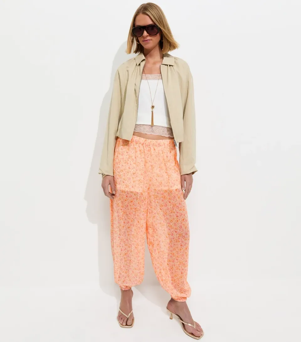 Women's Pink Ditsy Chiffon Cuffed Trousers