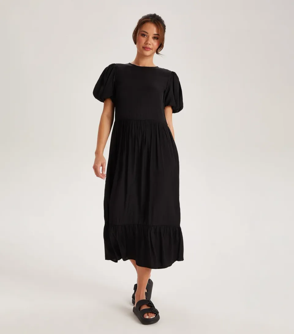 Women's Black Puff Sleeve Tiered Skirt Midi Dress