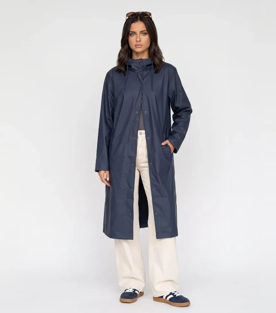 Women's Navy Hooded Longline Raincoat