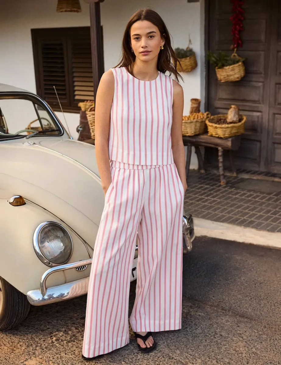 Cotton Blend Striped Wide Leg Trousers Light Pink Mix