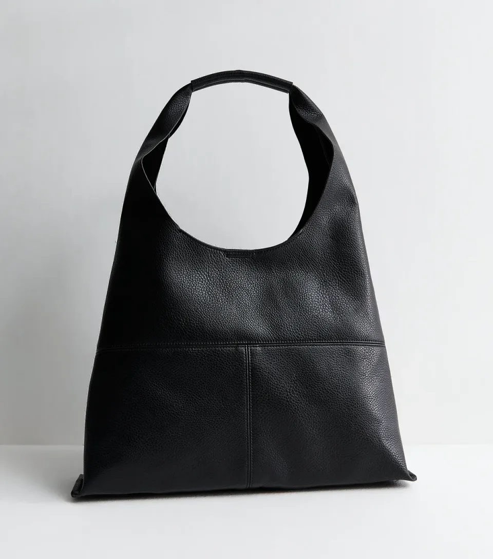 Black Faux Leather Panelled Hobo Shoulder Bag