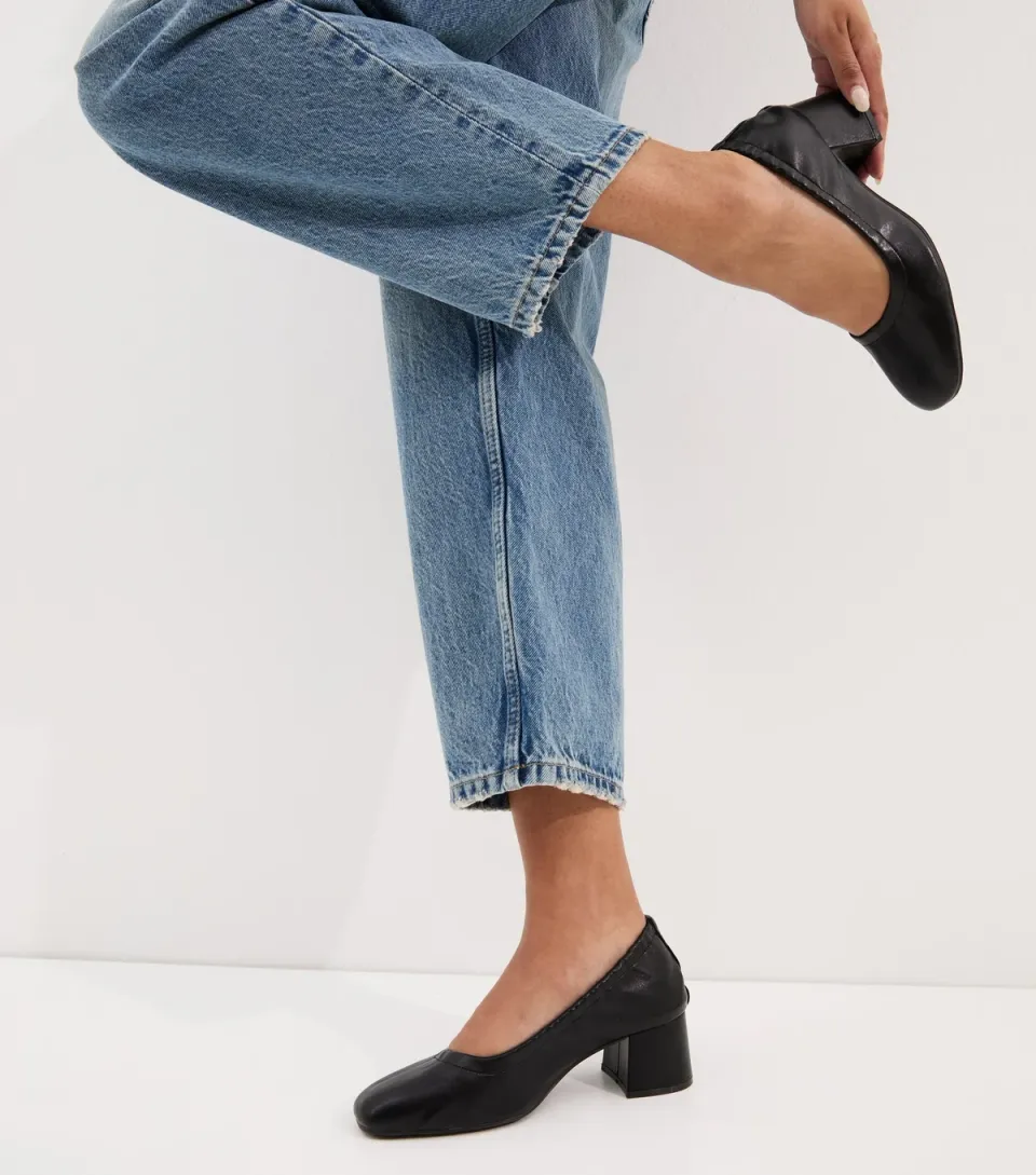 Women's Black Faux Leather Elasticated Block Heel Ballet Pumps Vegan