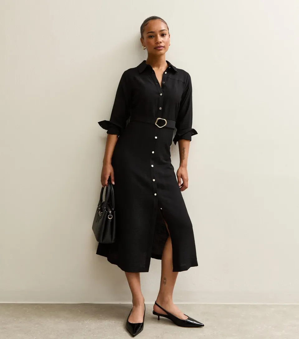 Women's Petite Black Long Sleeve Midi Belted Shirt Dress