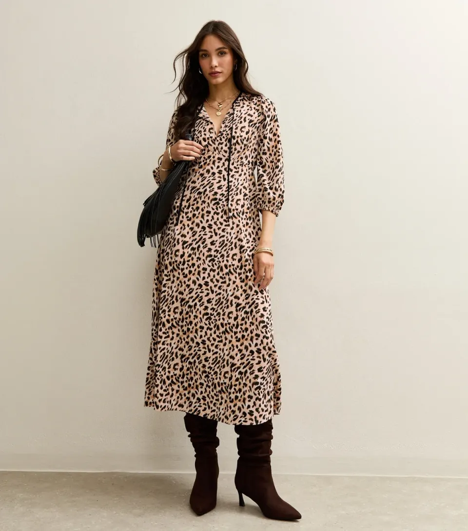 Women's Brown Animal Print Tie Neck Midi Dress
