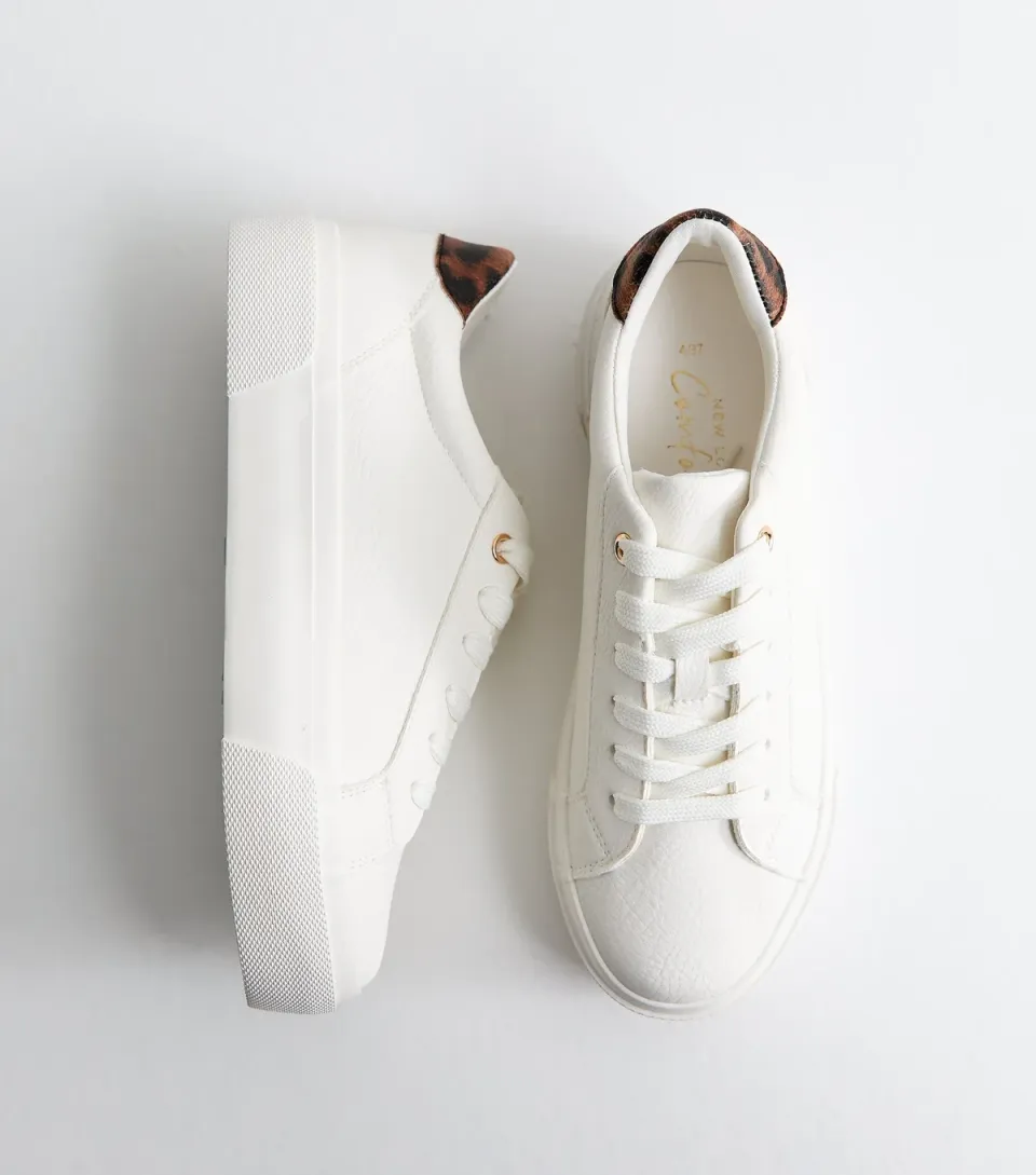 Women's White Faux Leather Leopard Print Flatform Trainers Vegan