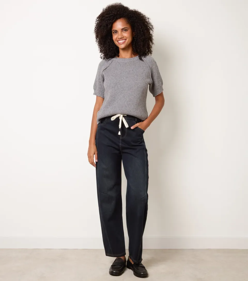 Women's Dark Blue Drawstring Barrel Leg Jeans