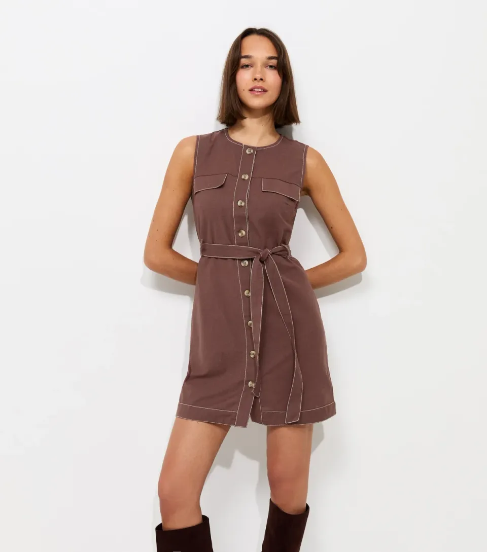 Women's Dark Brown Cotton Rich Contrast Stitch Button Through Mini Dress