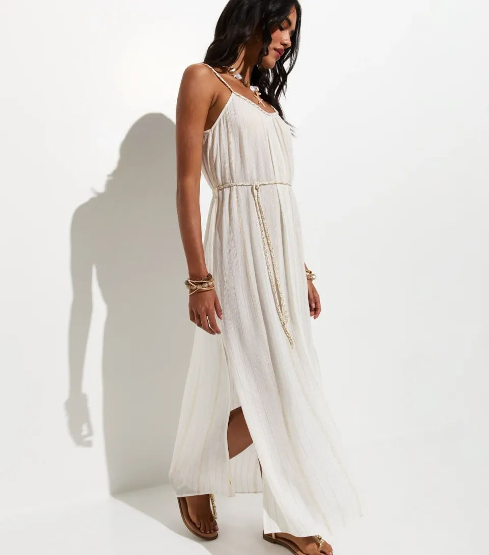 Women's Cream Metallic Braided Trim Beach Maxi Dress