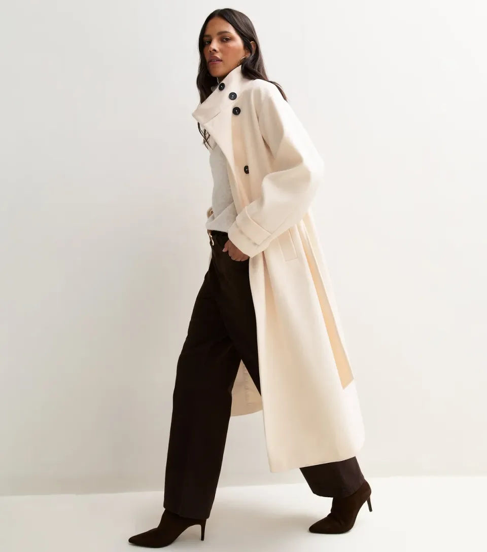 Women's Off White Funnel Neck Button Up Belted Longline Coat