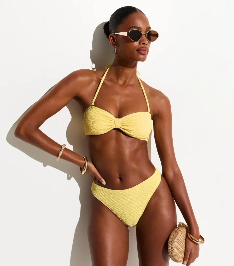Women's Light Yellow Crinkle Textured Hipster Bikini Bottoms