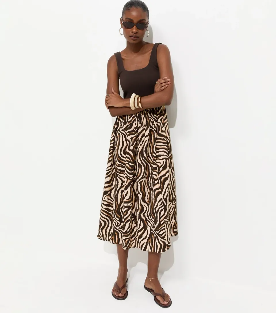 Women's Brown 2 In 1 Zebra Hybrid Midi Dress