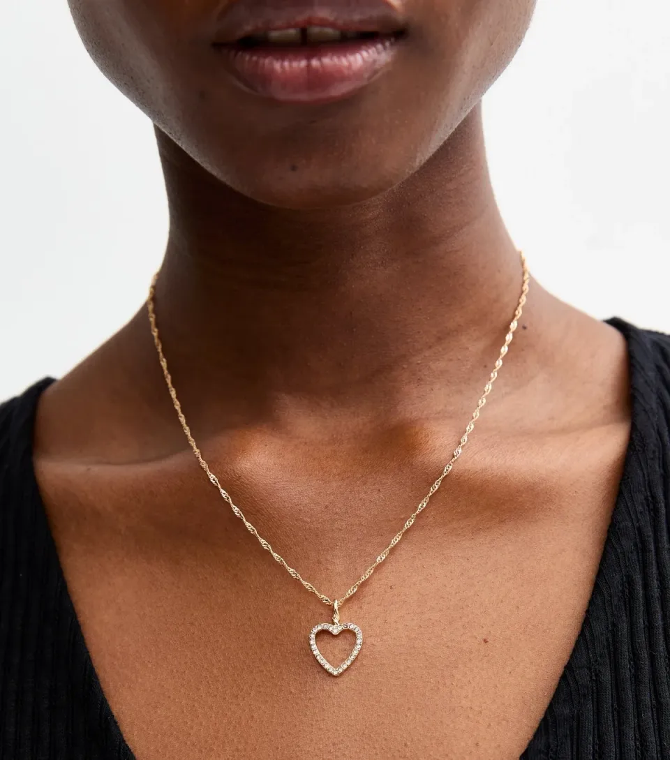 Gold Tone Twist Chain Diamanté Heart Charm Necklace