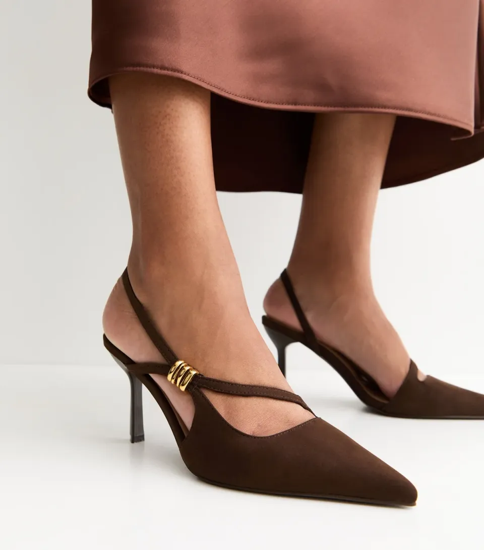 Women's Dark Brown Asymmetric Strap Slingback Court Shoes Vegan