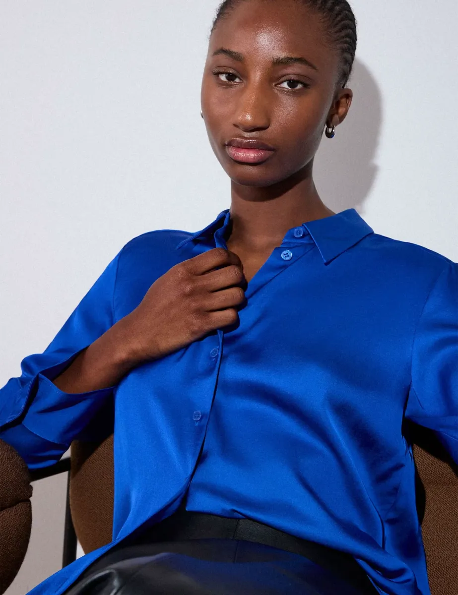 Satin Collared Button Through Shirt Blue