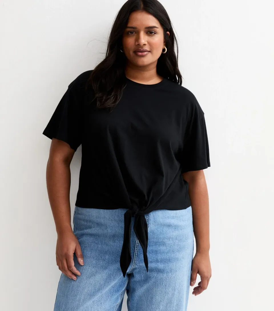 Women's Plus Size Black Tie Front T-Shirt Curves
