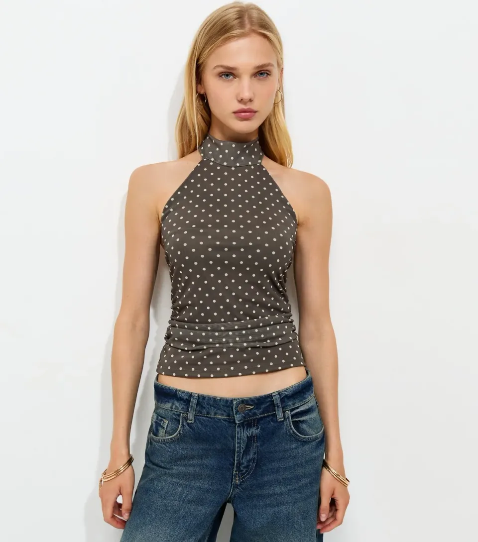 Women's Brown Mesh Polka Dot High Neck Halter Top