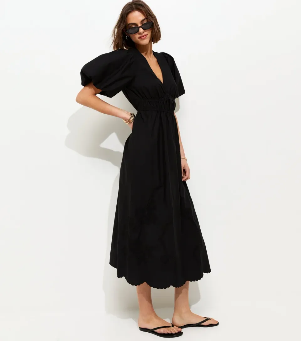 Women's Black Cotton Puff Sleeve Midi Dress