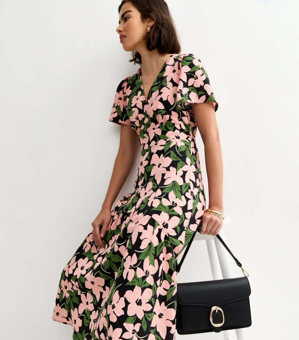 Women's Green Floral Print Tiered Midi Tea Dress