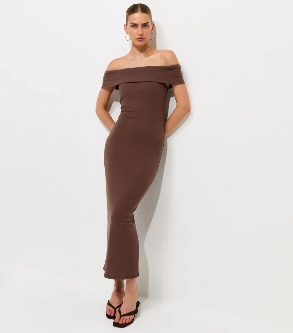 Women's Dark Brown Off Shoulder Bardot Midi Dress