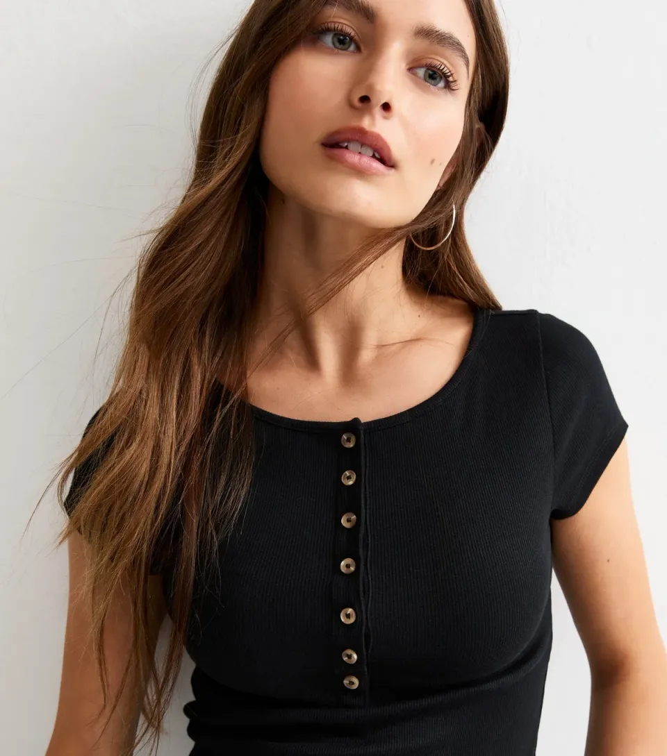 Women's Black Ribbed Jersey Button Placket Top