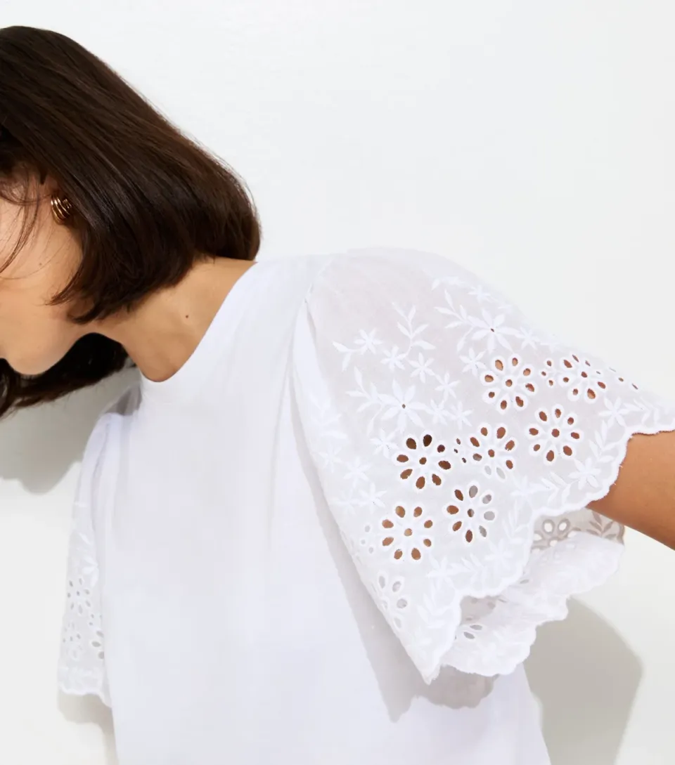 Women's White Broderie Anglaise Sleeve T-Shirt