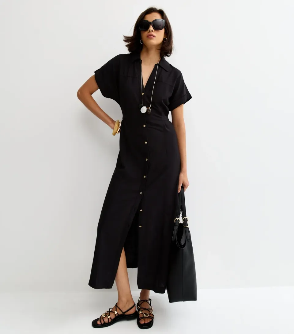 Women's Black Linen Blend Shirt Midi Dress