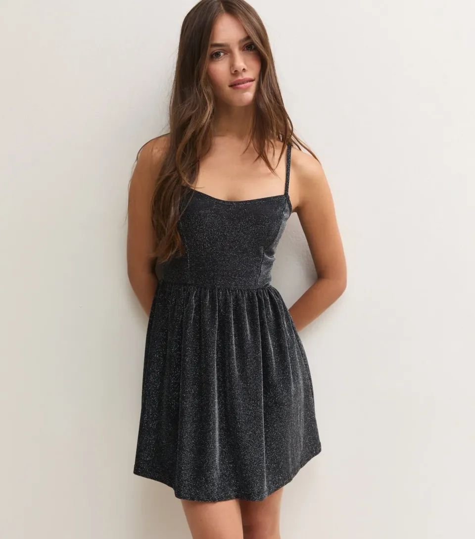 Women's Petite Black Shimmer Corset Waist Flippy Skirt Mini Dress