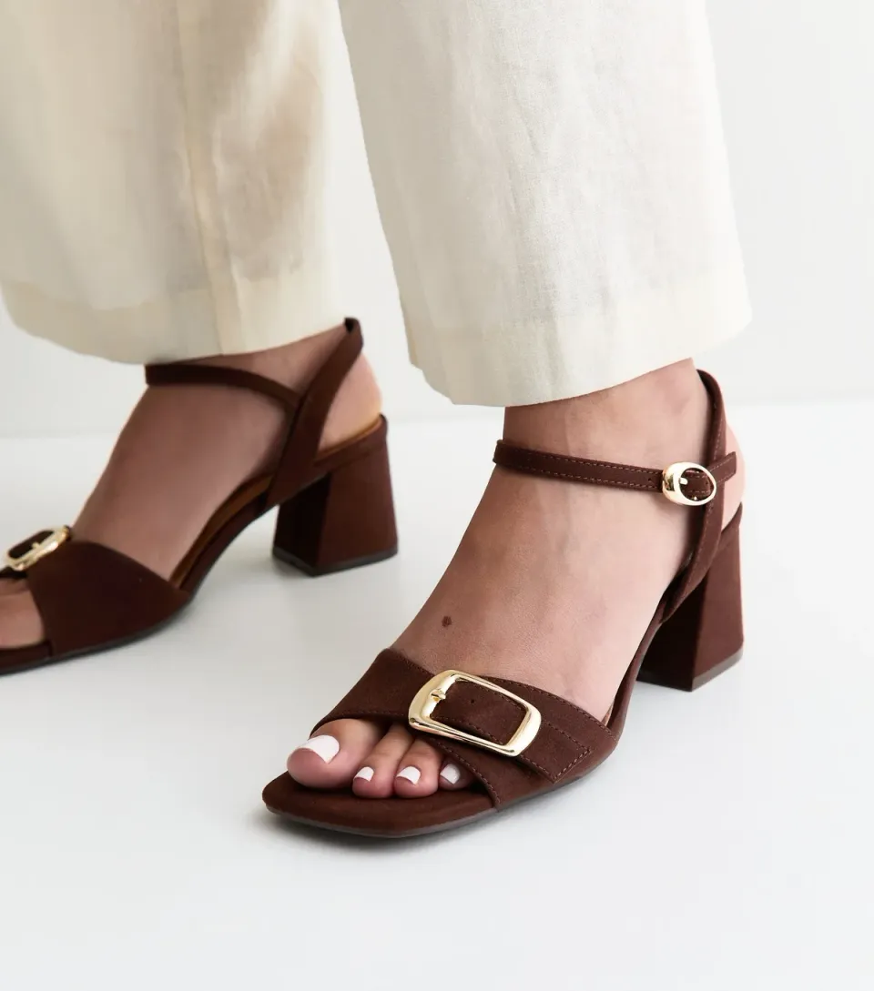 Women's Light Brown Faux Suede Front Buckle Block Heel Sandals Vegan