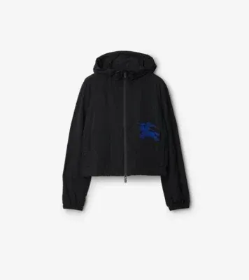 Cropped Nylon Hooded Jacket in Black