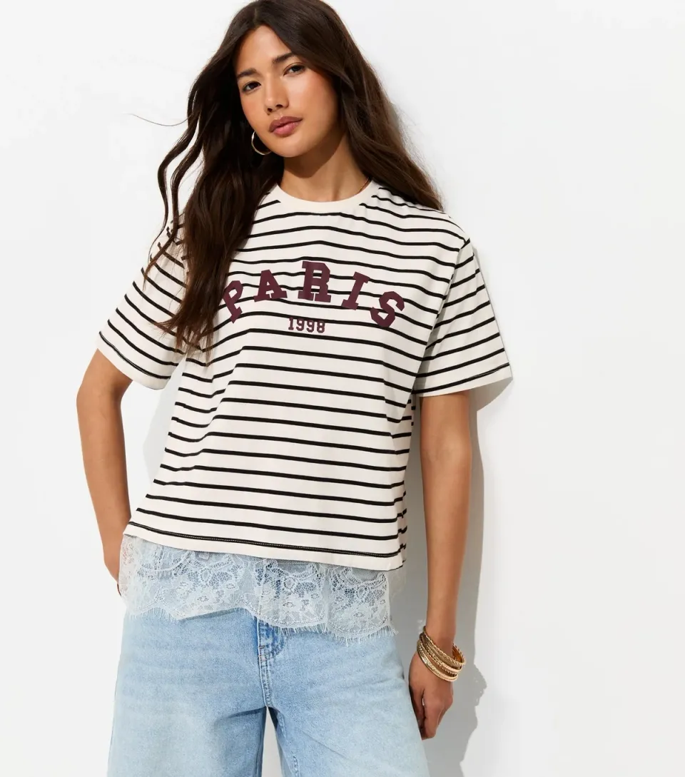 Women's White Cotton Striped Paris Lace Hem T-Shirt