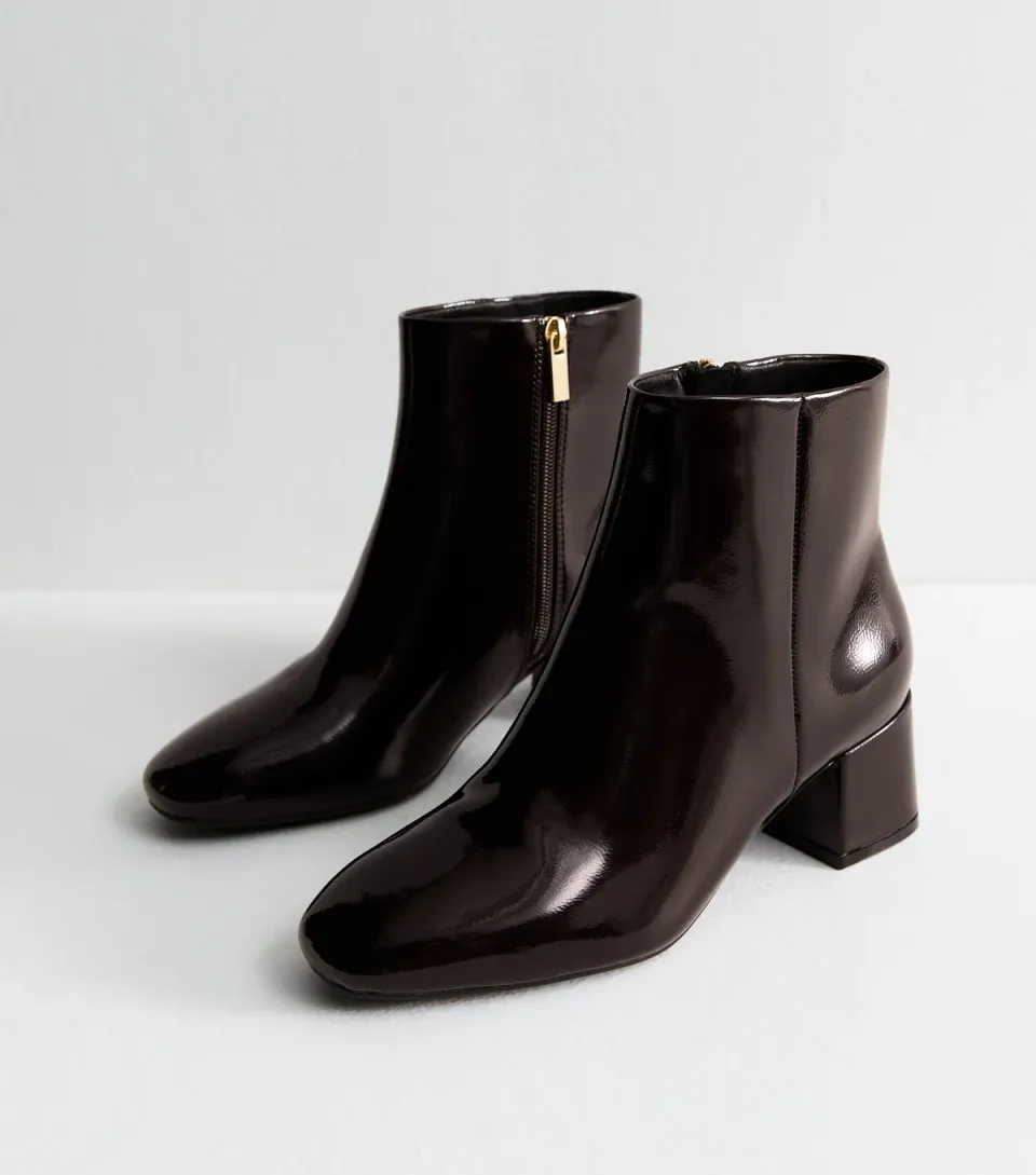 Women's Wide Fit Dark Burgundy Faux Patent Leather Block Heel Boots Vegan