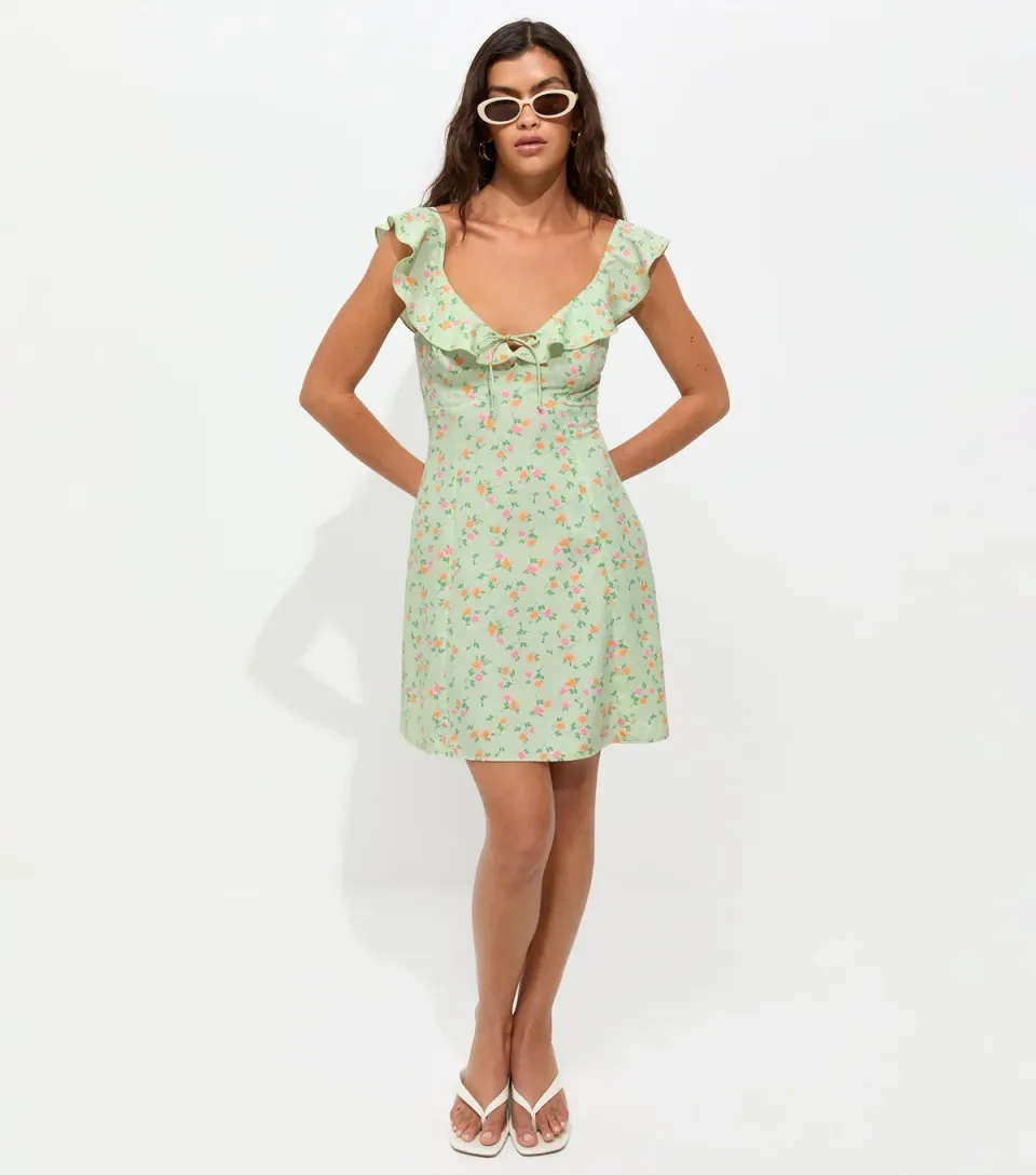 Women's Green Crepe Ditsy Print Ruffle Trim Mini Dress