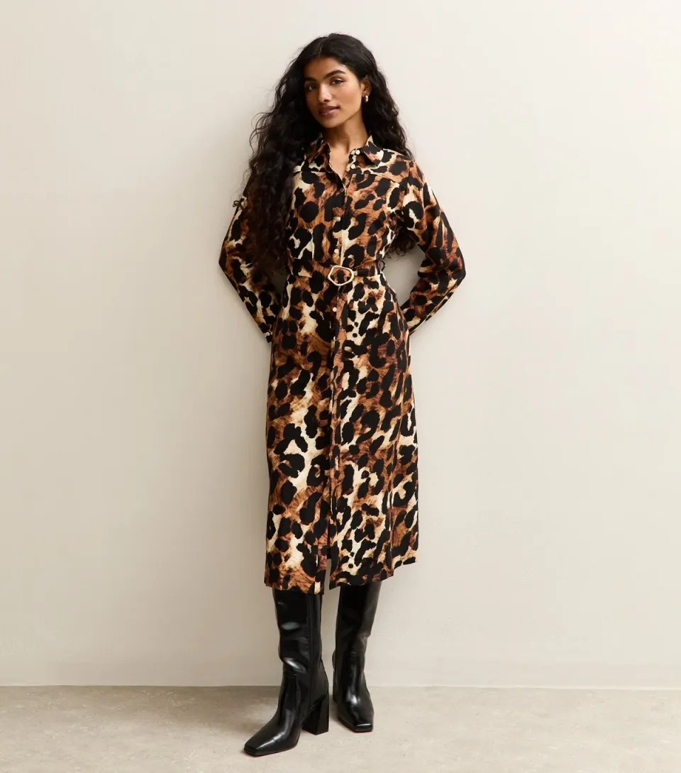 Women's Petite Brown Animal Print Belted Shirt Midi Dress