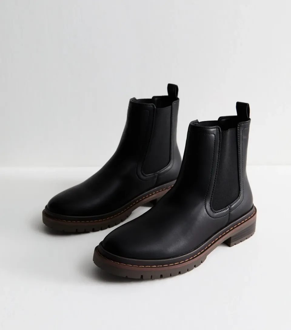 Women's Black Faux Leather Chunky Chelsea Boots Vegan