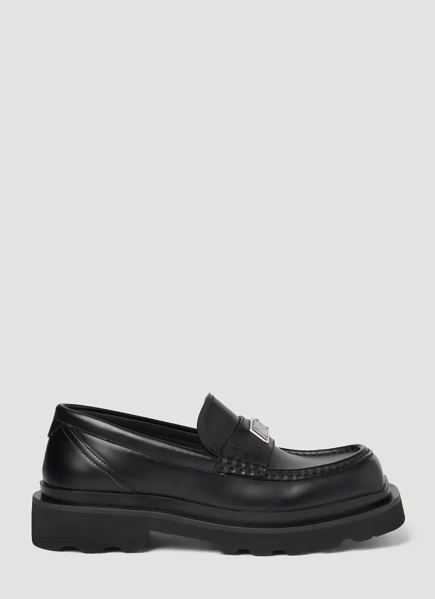 Logo Plaque Brushed Leather Loafers