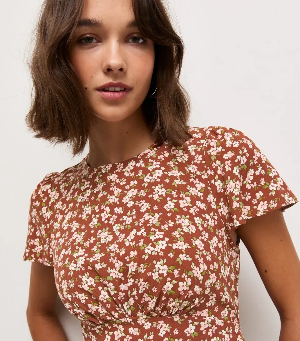 Women's Orange Ditsy Print Gathered Bust Short Sleeve Blouse