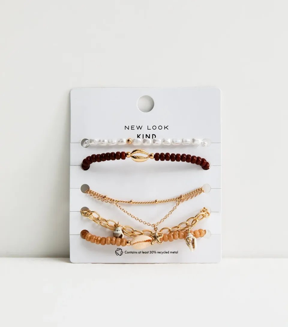 Pack of 5 Brown Beaded and Chain Bracelets