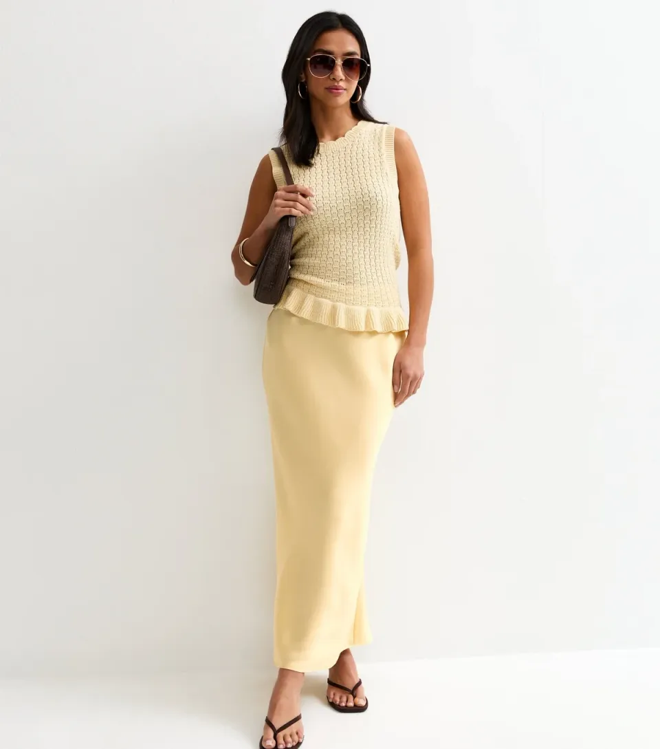 Women's Petite Light Yellow Satin Bias Cut Midi Skirt