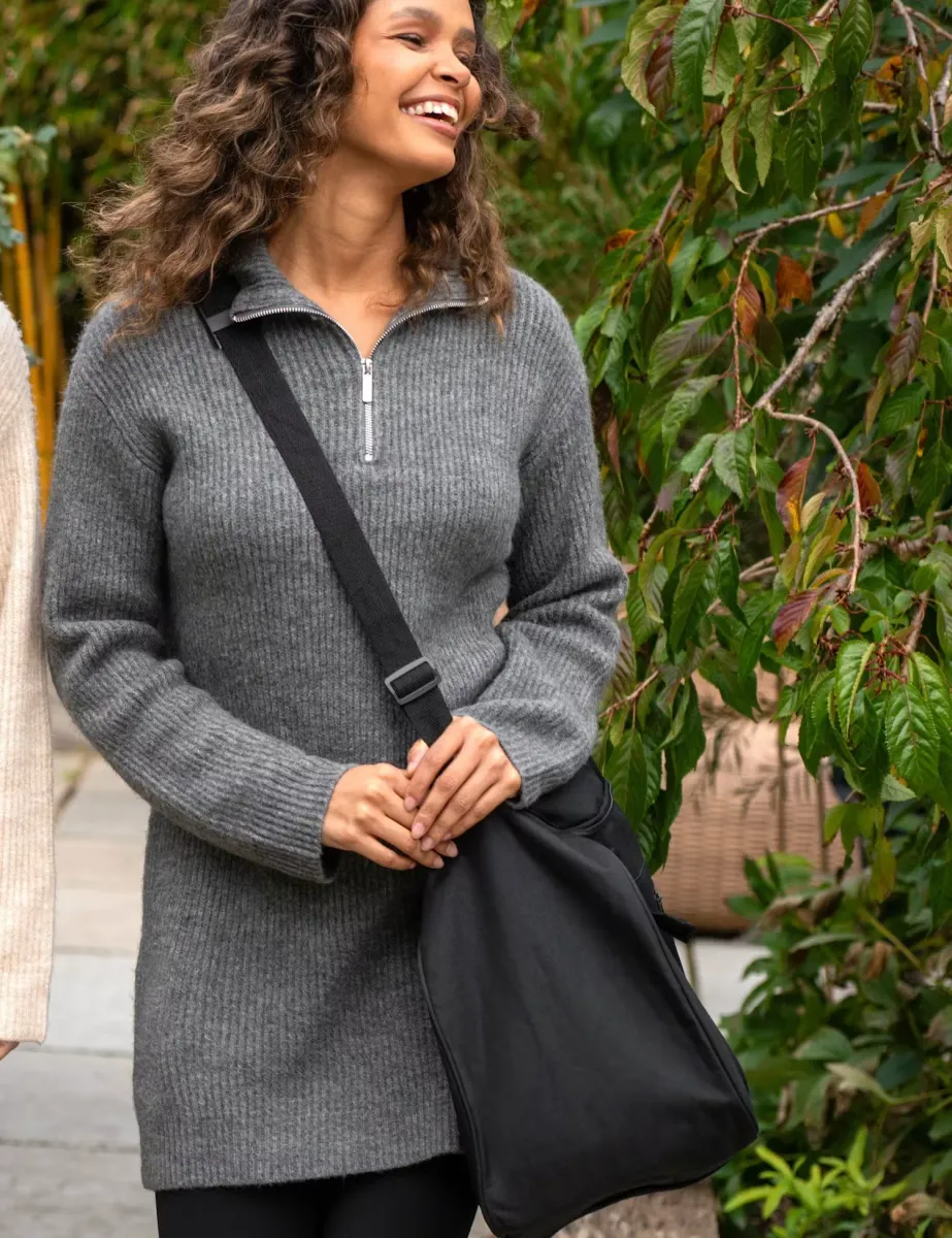 Cosy Ribbed Half-Zip Mini Knitted Dress Charcoal