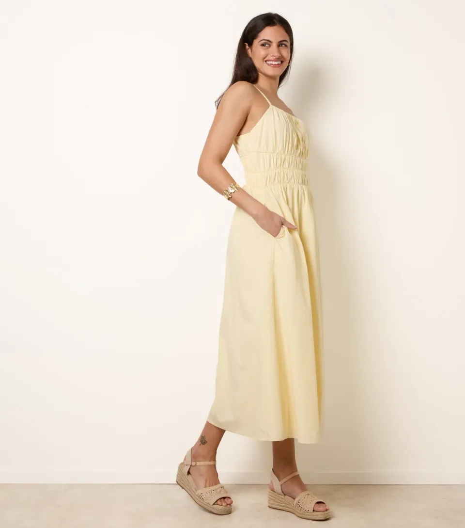 Women's Light Yellow Ruched Bust Strappy Midi Dress