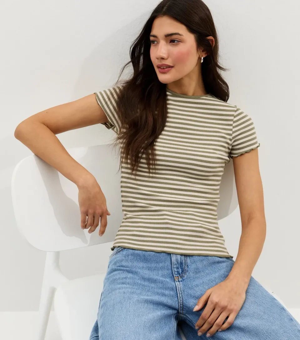 Women's Green Striped Short Sleeve Top